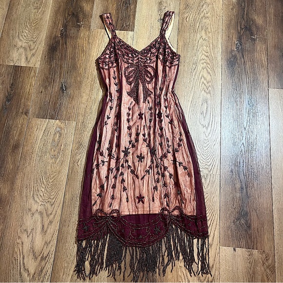 Vintage Dresses & Skirts - Vintage Y2K Beaded Dress Vintage Embroidered Mesh Burgundy Bow Flapper Dress